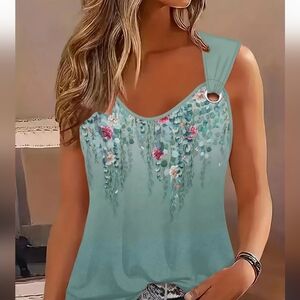 Ladies Elegant Blue Floral V-neck with circle ring detail tank top Sz L